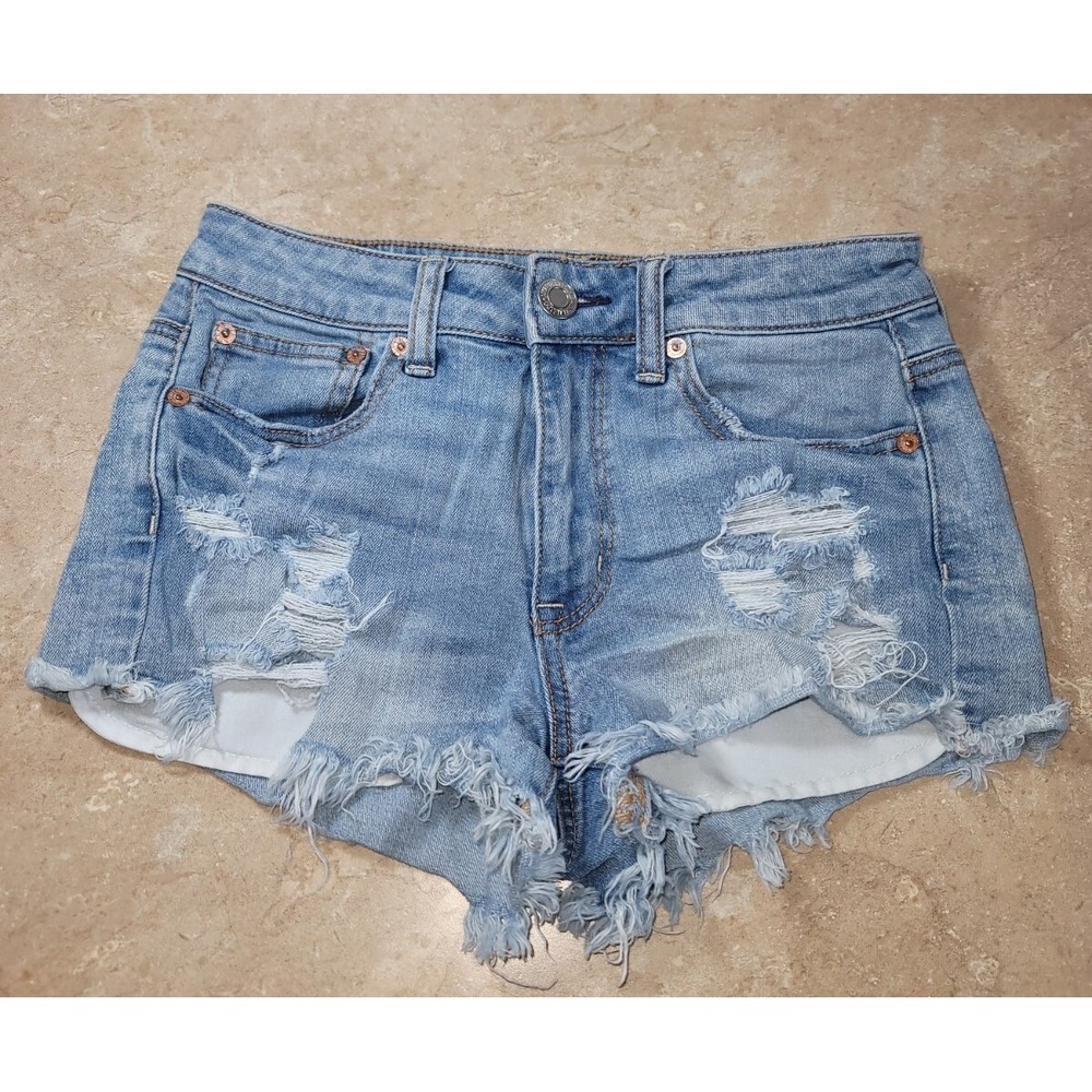 American Eagle Festival Shorts SZ 2‎ Stretch Hi-Rise Raw Hem Distressed Beachy